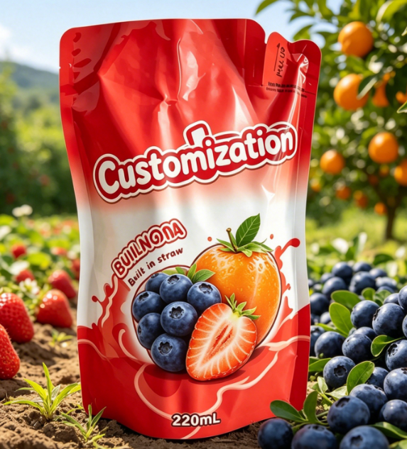 Vlastné tlačené vstavané slamkové vrecká 220 ml na džúsové ovocné pyré nápoje