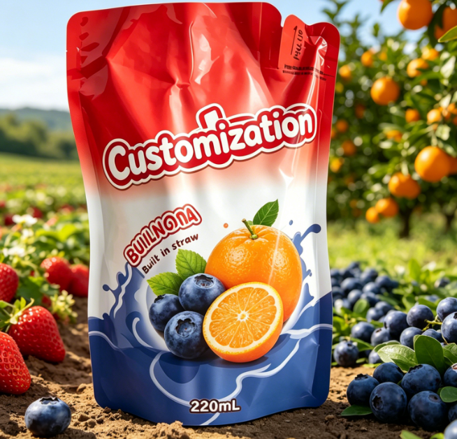 Vlastné tlačené vstavané slamkové vrecká 220 ml na džúsové ovocné pyré nápoje